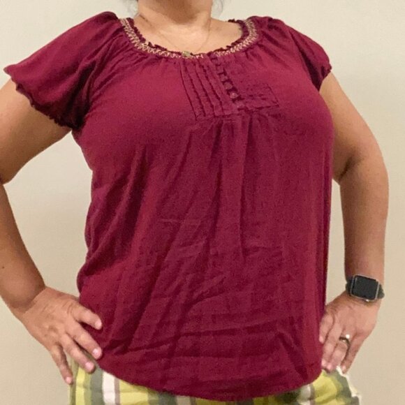 FADED GLORY Embroidered Detail Peasant Short Puff Sleeve Blouse Top Womens Large - Picture 2 of 4